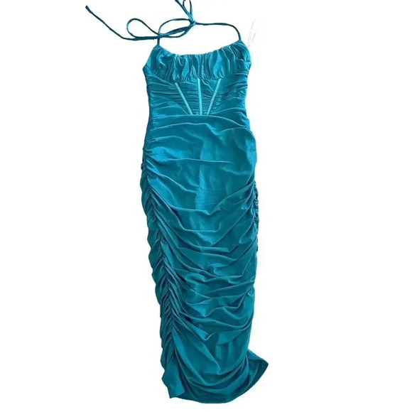 NWT Hello Molly Turquoise Bodycon Satin Maxi Dress Size 2 - Picture 1 of 7